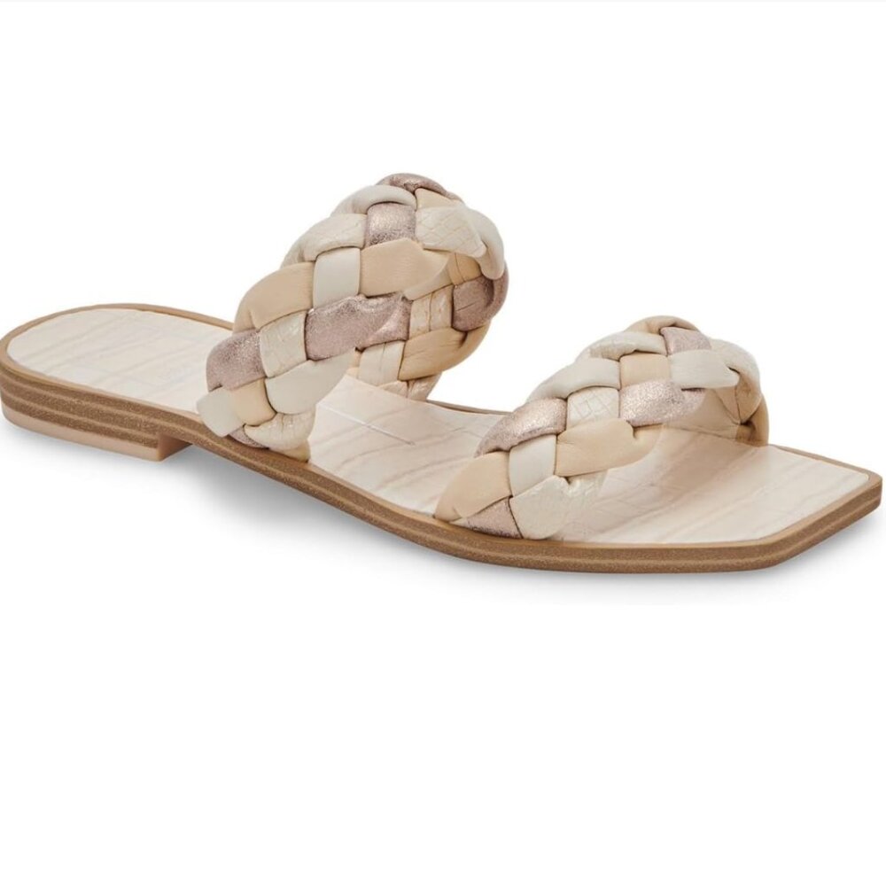 Dolce Vita Women's Indy Flat Sandal Braided Metallic Cream Size 8